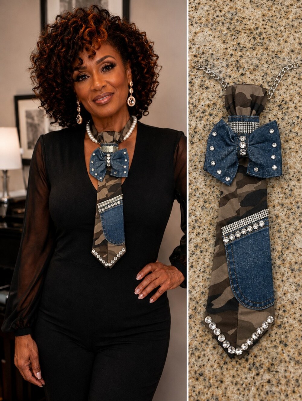 It's a GiGis Original Camouflage & Denim Bow - Statement Tie with Rhinestones